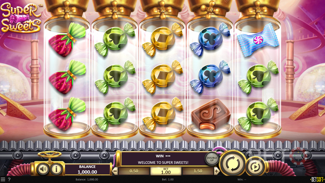 Super Sweets from Betsoft offers you a rather sweet factory filled with Super Sticky Wilds, Re-spins and Free Spins.