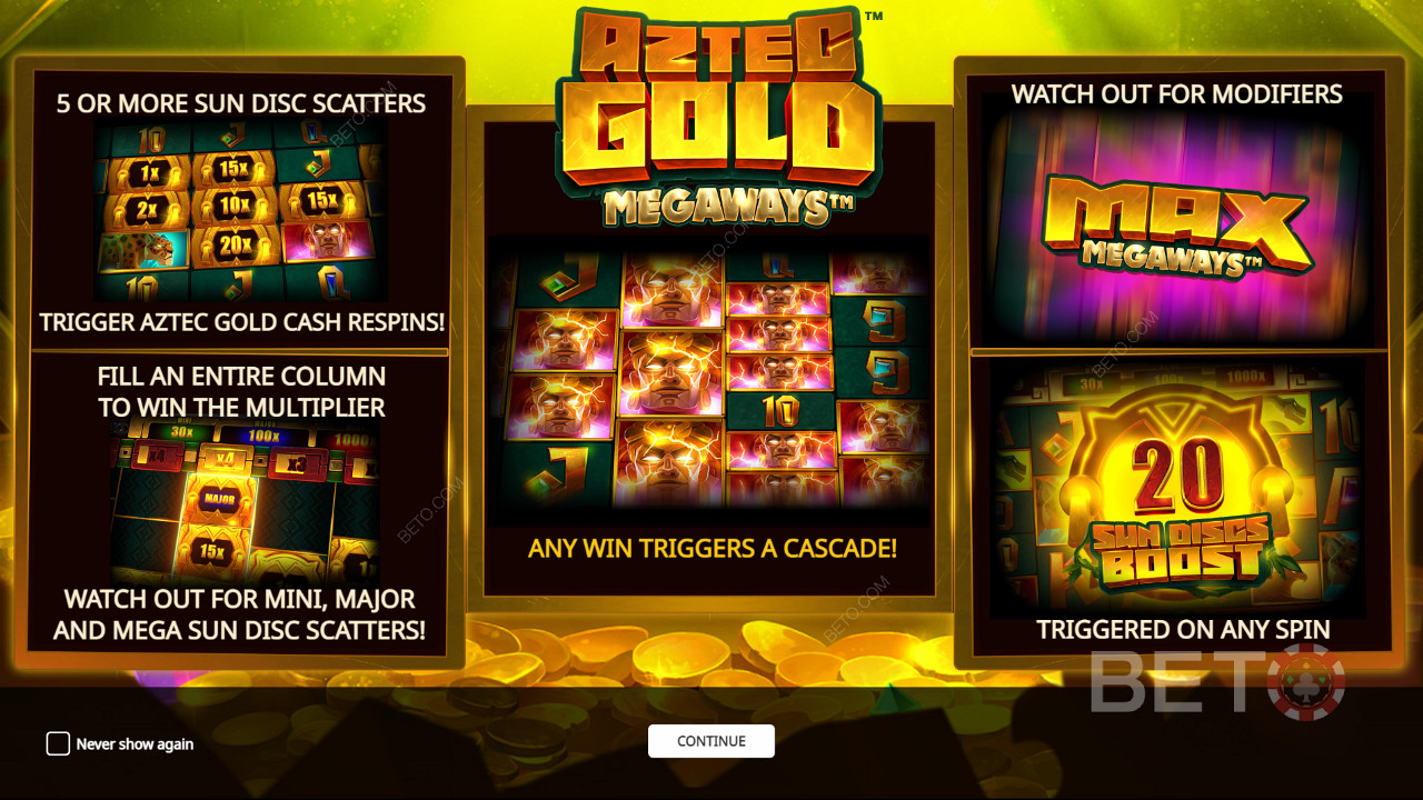 Enjoy several powerful bonus features in Aztec Gold Megaways slot machine