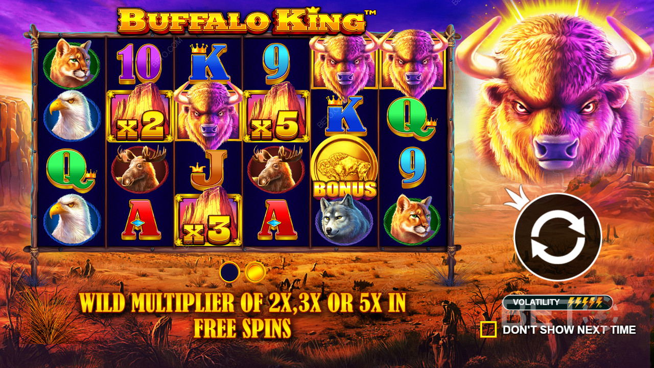 All the Wild Symbols can have a multiplier effect of 2x, 3x, or 5x in Buffalo King
