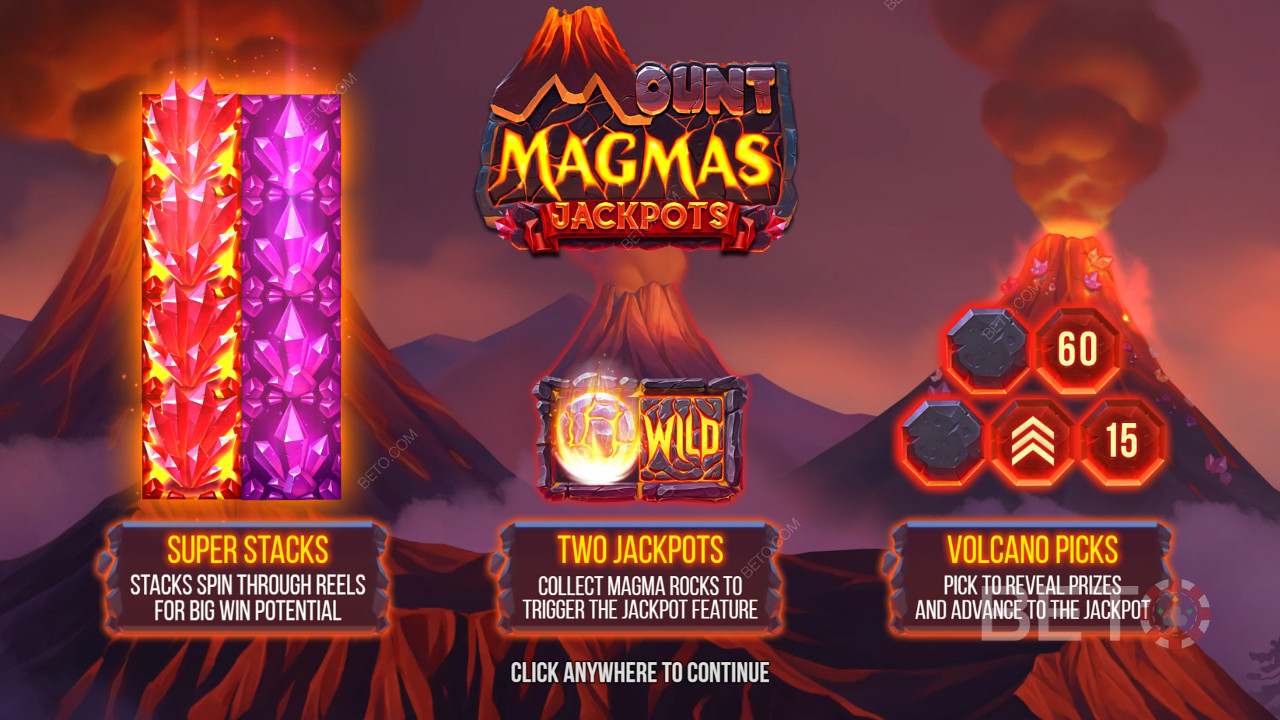 Enjoy Super Stacks, 2 jackpots, and Volcano Bonus feature in Mount Magmas slot