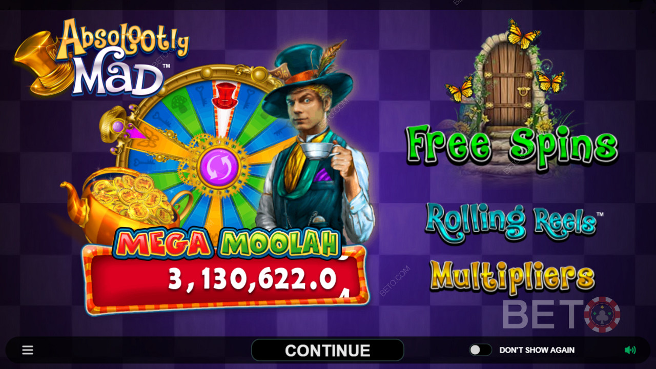 Enjoy progressive jackpots and other features in Absolootly Mad: Mega Moolah video slot