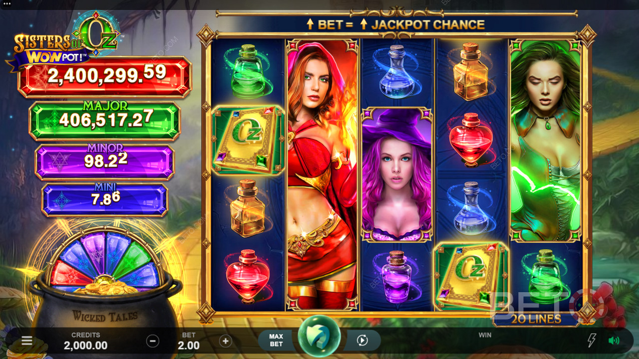  Sisters of OZ WowPot - experience the enchanting power of 4 seductive sisters on 5 reels with 20 bet lines