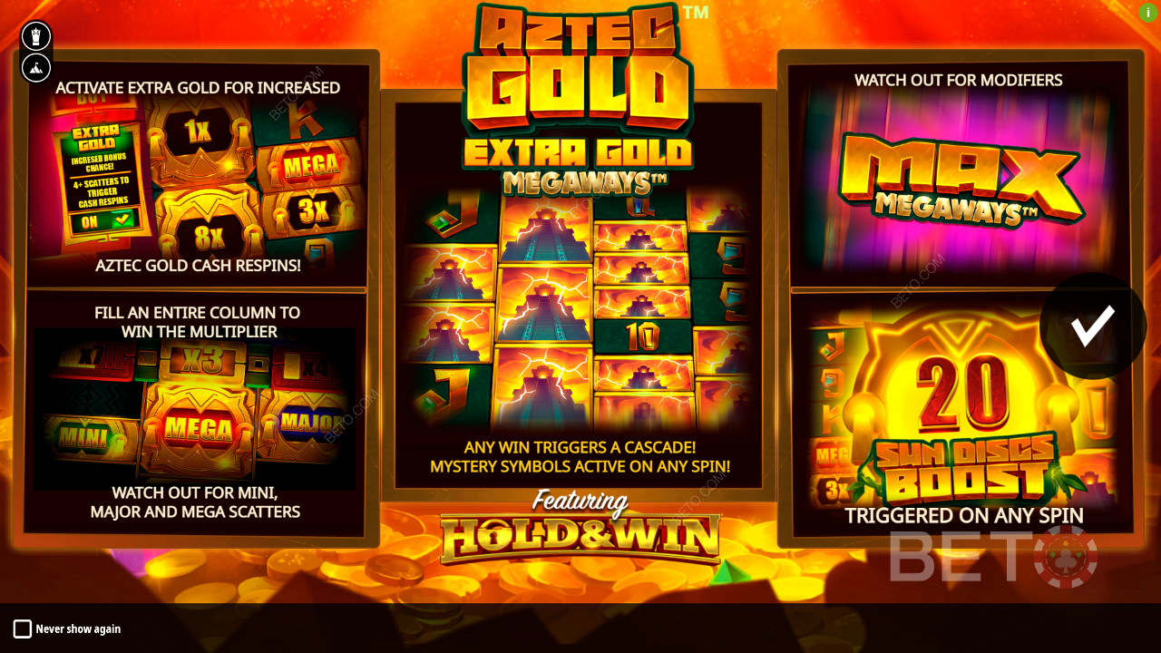 Enjoy multiple bonus features in Aztec Gold Extra Gold Megaways slot