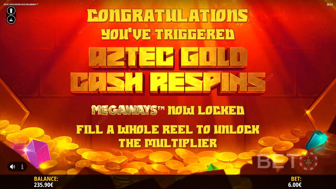 Trigger Aztec Gold Cash Respins by landing 5 Scatters
