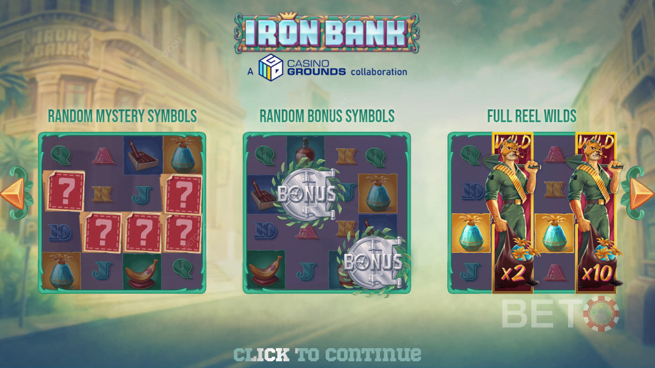 Enjoy powerful features in the base slot in Iron Bank slot machine