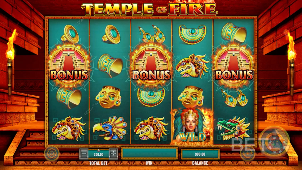 Land three Scatters and enter free spins in Temple of Fire slot