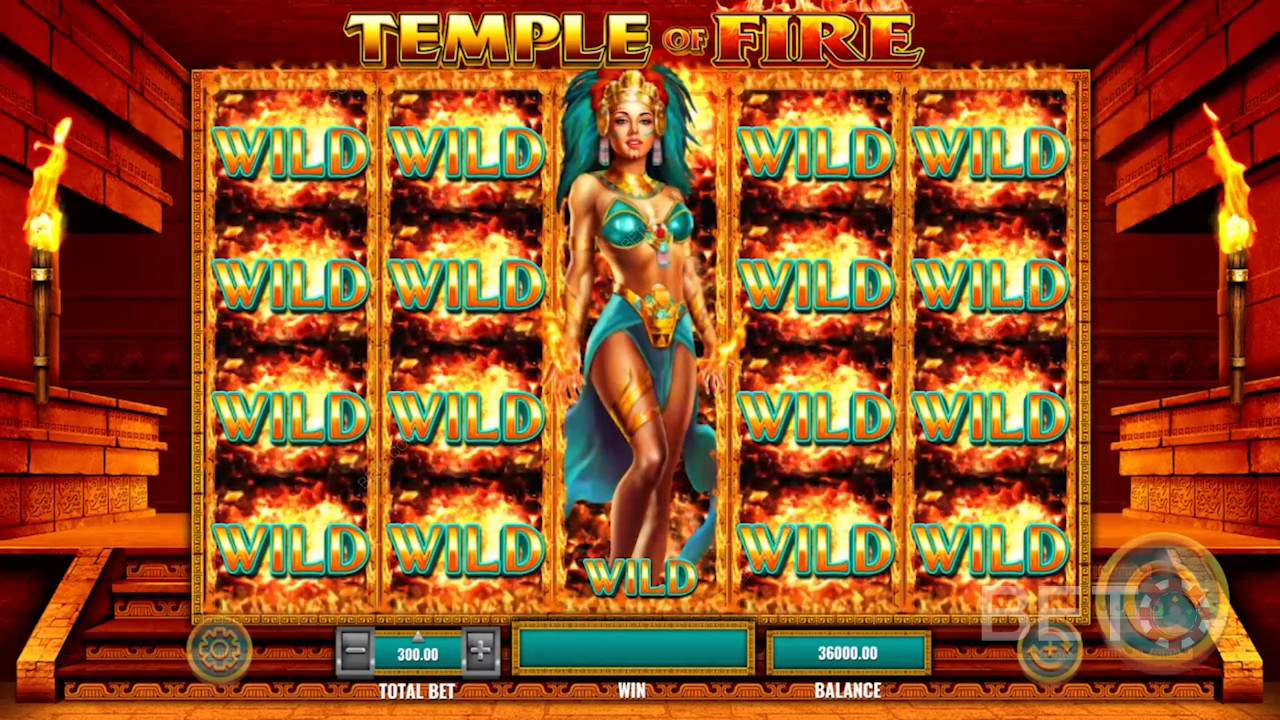 Wilds의 폭풍은 아름다운 Aztec 여신 - Temple of Fire 와 함께 Free Spins를 트리거합니다.