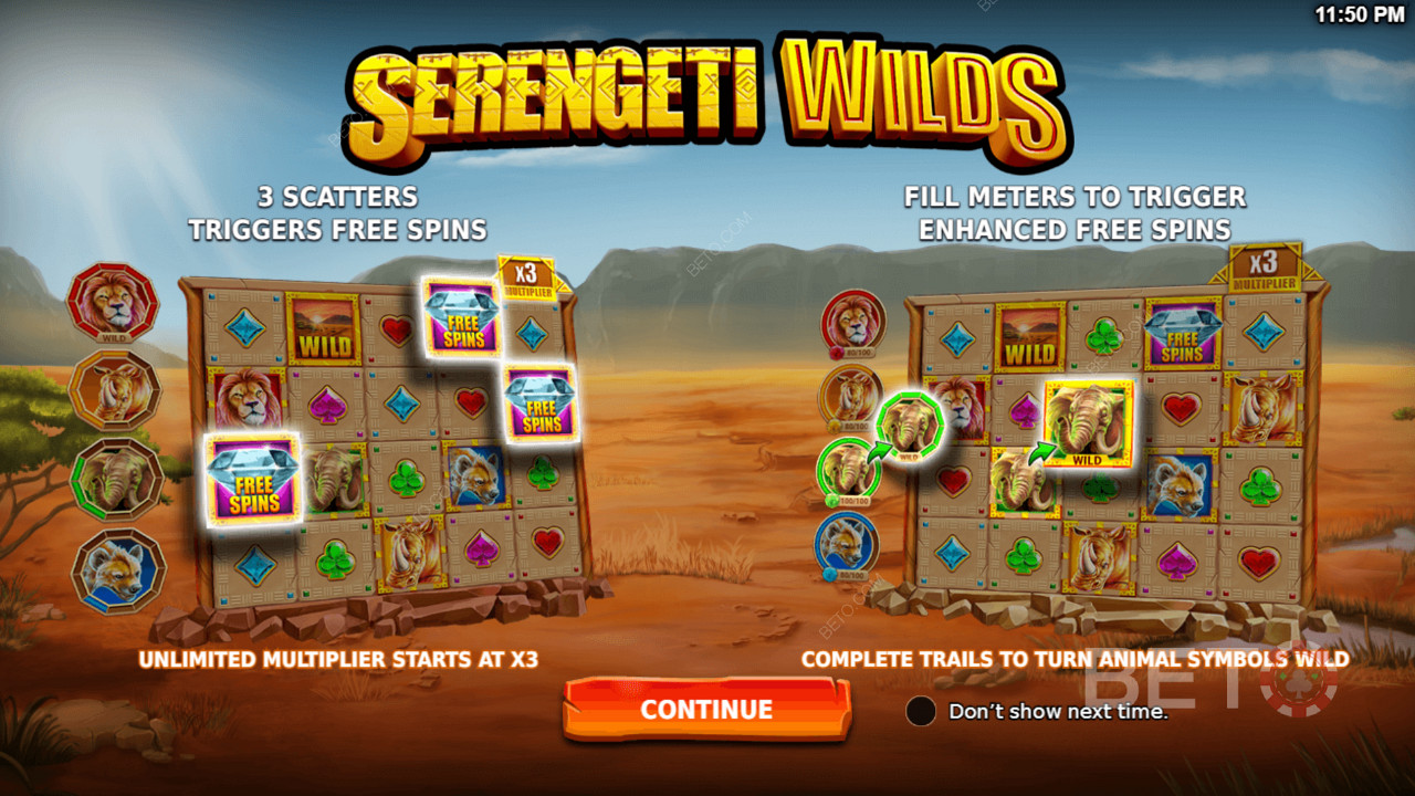 Enjoy powerful features like Free Spins and Enhanced Free Spins in Serengeti Wilds slot