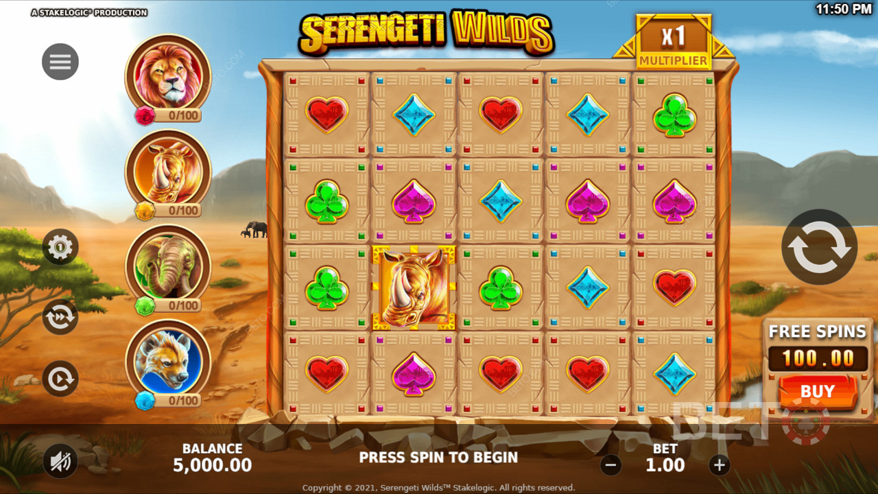 Pay 100x of your bet and Buy Free Spins in Serengeti Wilds slot machine