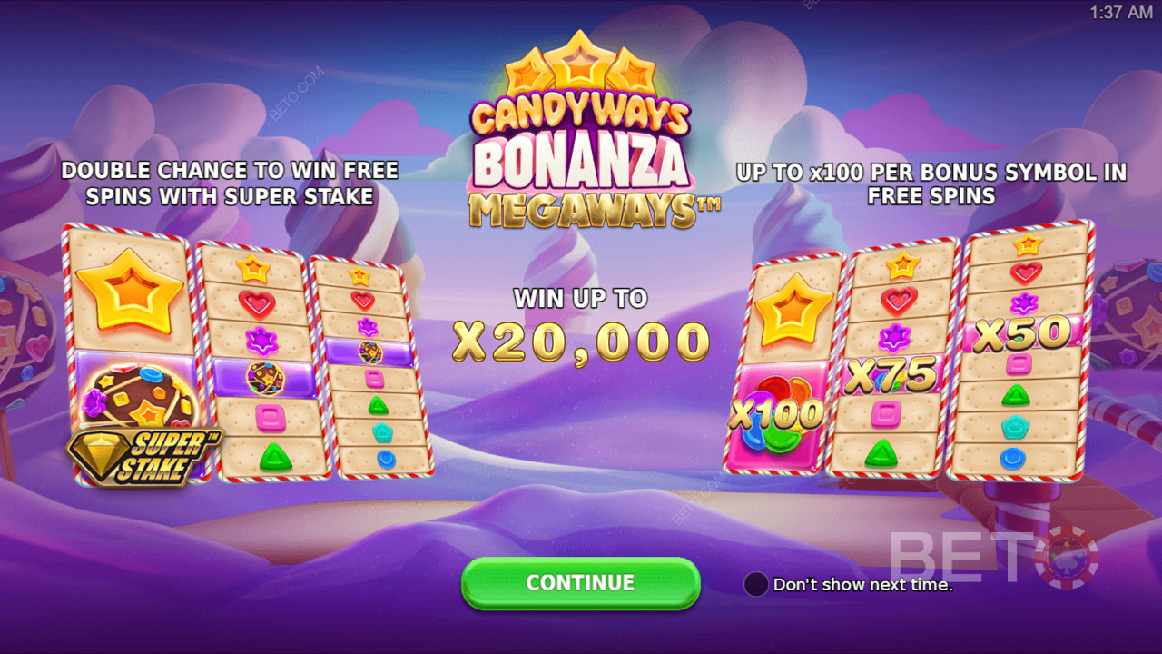 Enjoy free spins with bonus symbol multipliers, Super Stake, and a max win of 20,000x