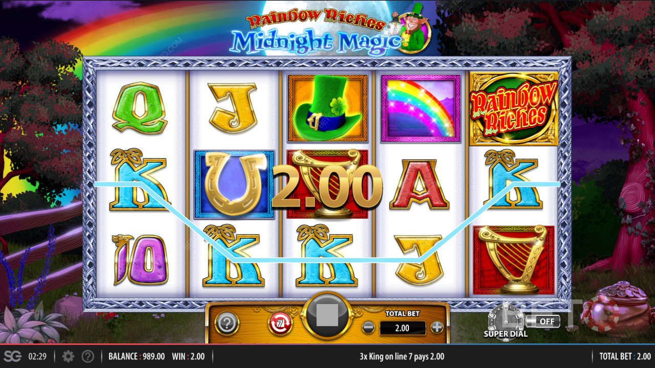 10 different active paylines in Rainbow Riches Midnight Magic slot