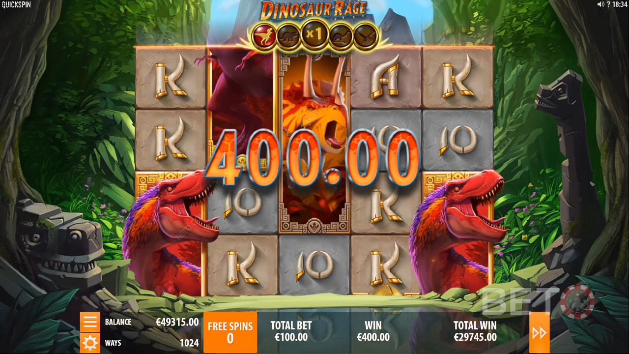 Landing a win worth 400 coins in Dinosaur Rage Slot Machine