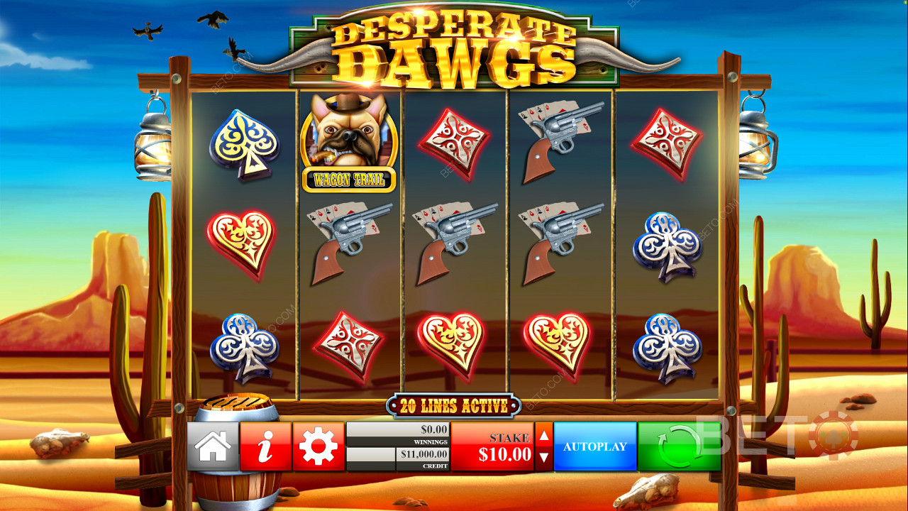 Enjoy a unique theme in the Desperate Dogs online slot