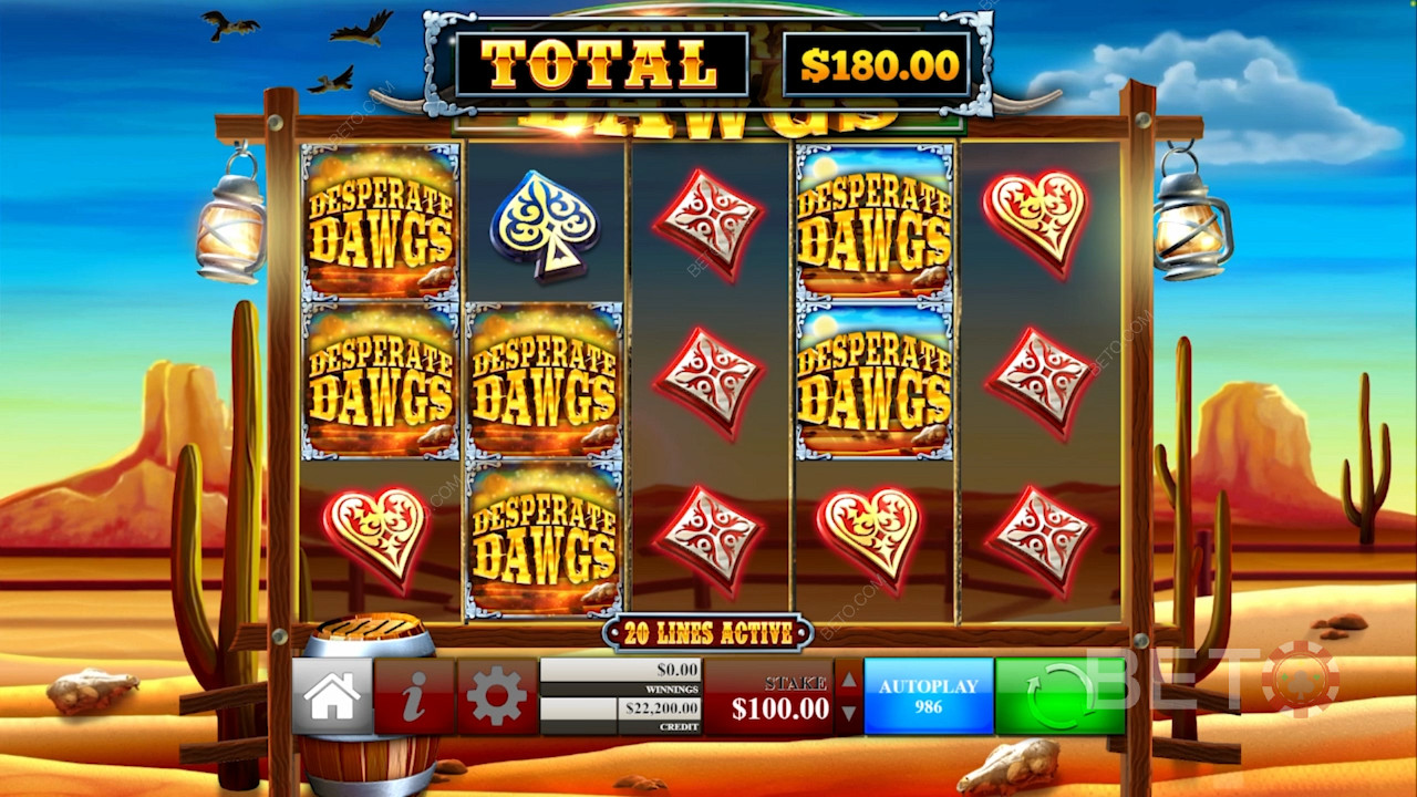 Enjoy the Wild West theme with decent graphics and Desperate Dawgs Free Spins