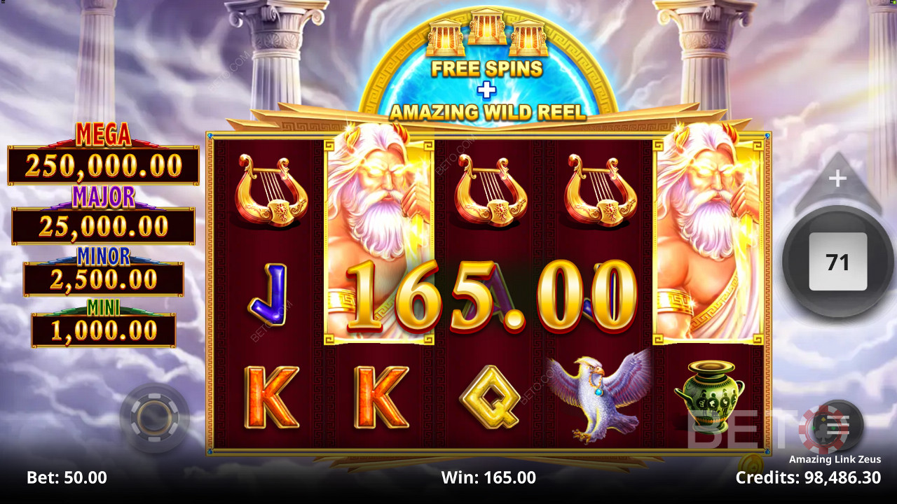 Play and get a chance to win one of 4 Fixed Jackpot Prizes in the Amazing Link Zeus slot