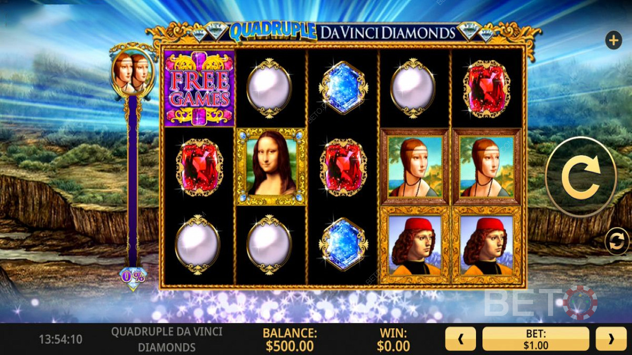 Enjoy an artistic theme in the Quadruple Da Vinci Diamonds slot machine