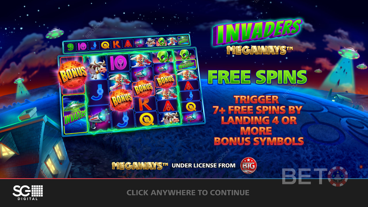 Enjoy free spins with modifiers, cascading reels, and more in Invaders Megaways slot
