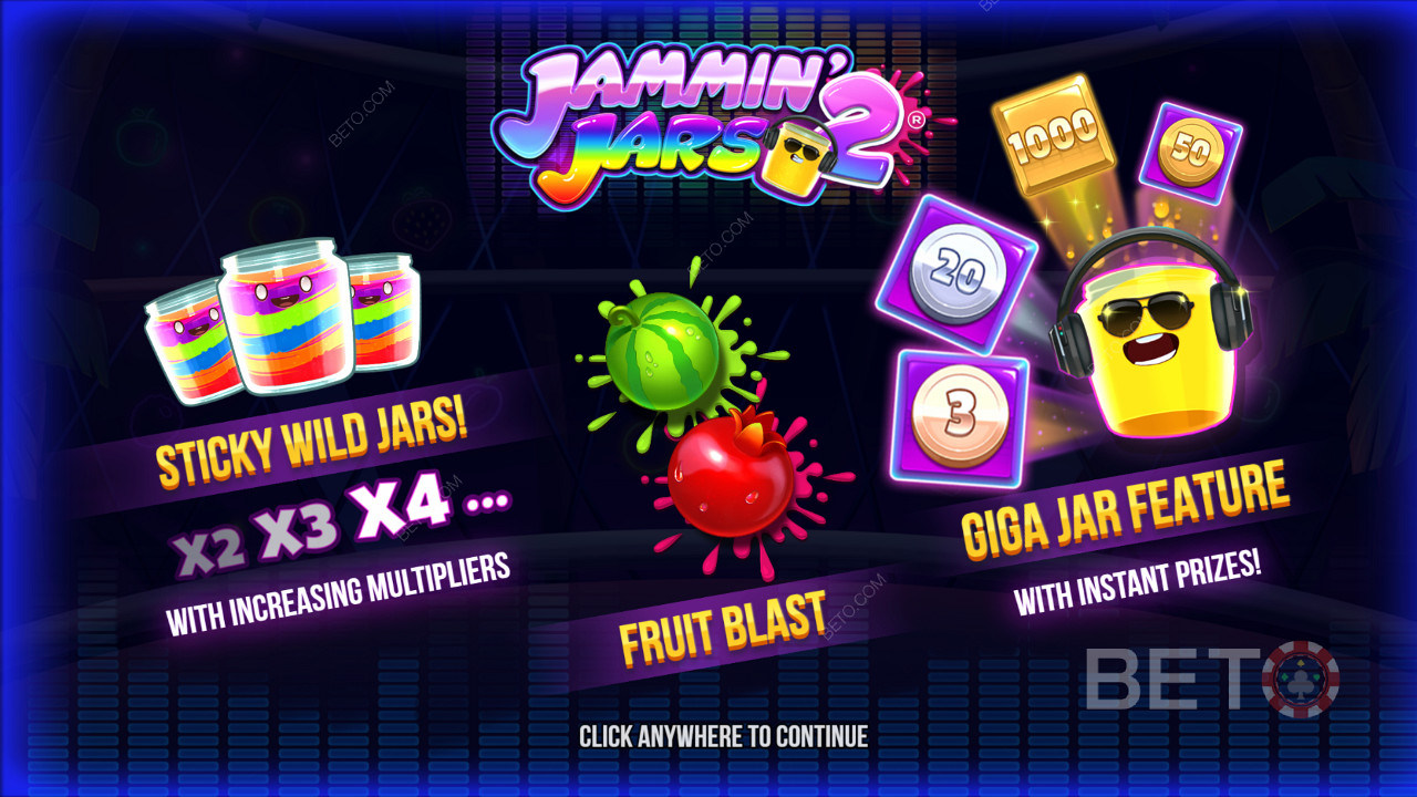 Enjoy sticky Wilds, Fruit Blast feature, and Giga Jar Spins in Jammin Jars 2 slot