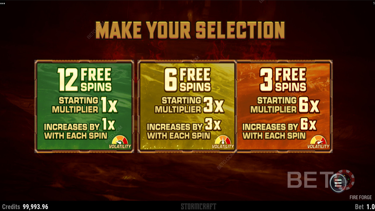 Different Free Spins options in Fire Forge