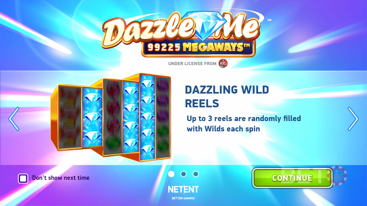The intro screen of Dazzle Me Megaways