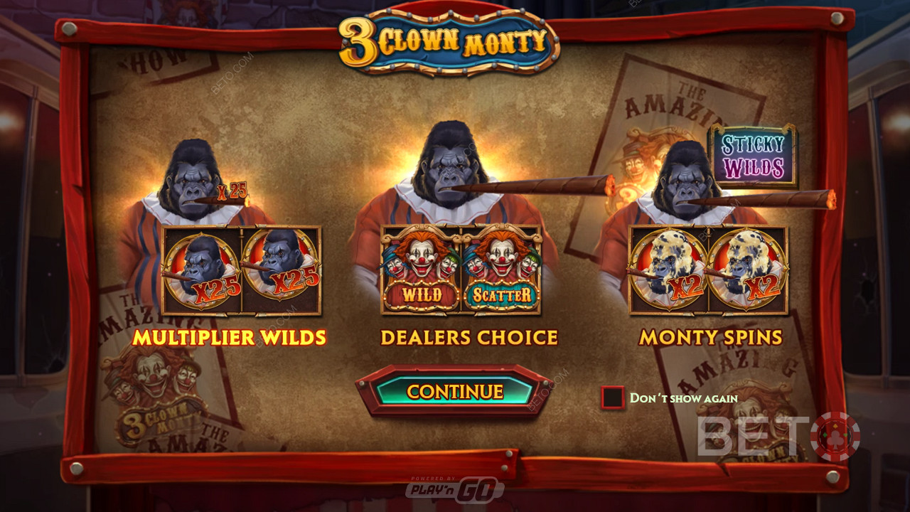 Enjoy several powerful features and free spins in 3 Clown Monty slot machine