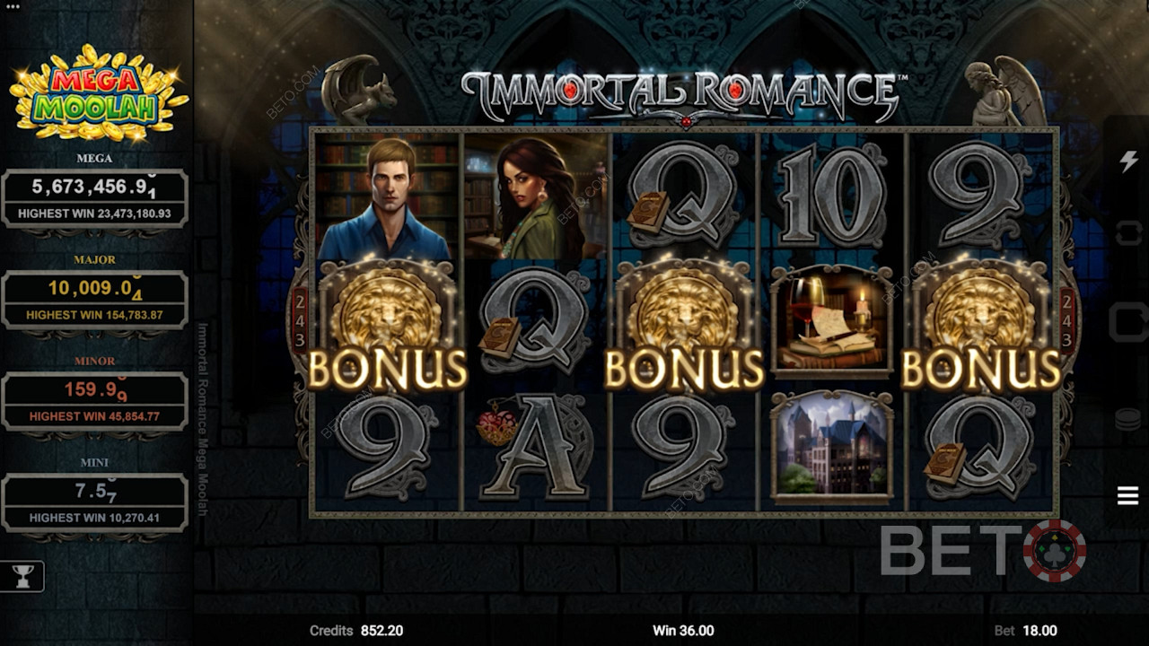 Three Scatter symbols trigger the Free Spins Feature in Immortal Romance Mega Moolah slot