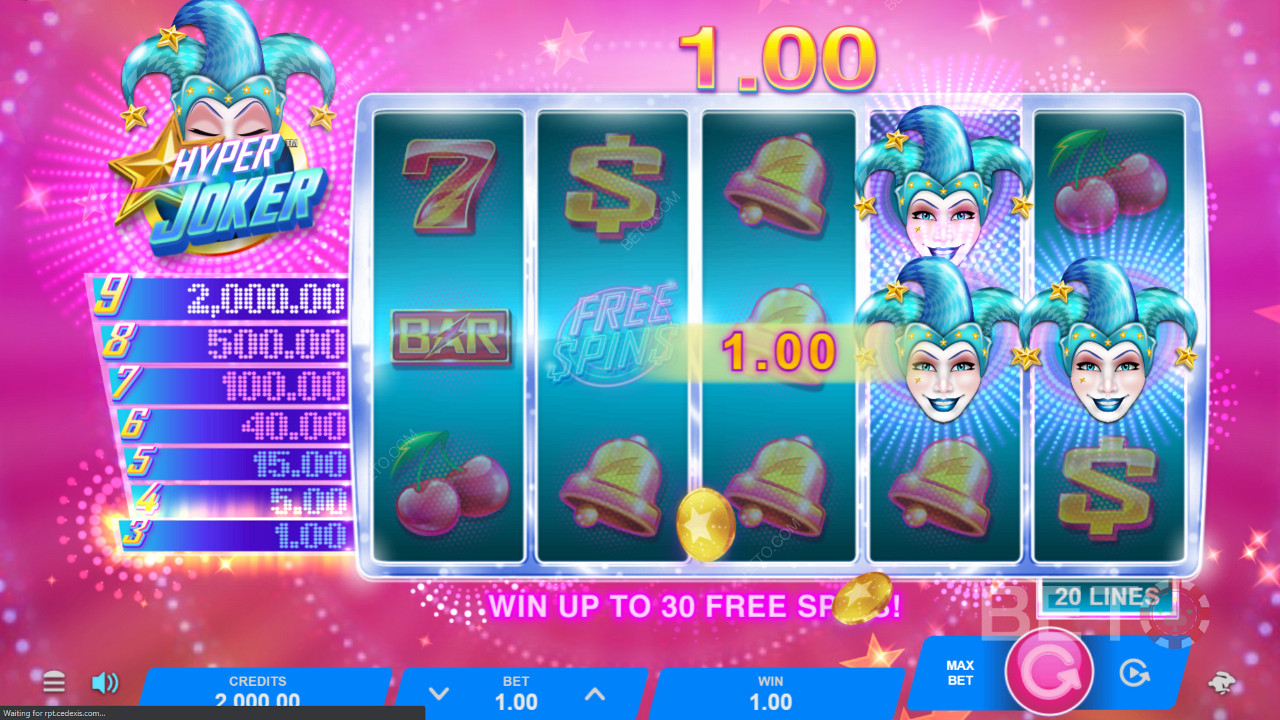 Play free spins with multipliers on hitting three bonus symbols or land nine jokers to win the top prize - 120,000 coins
