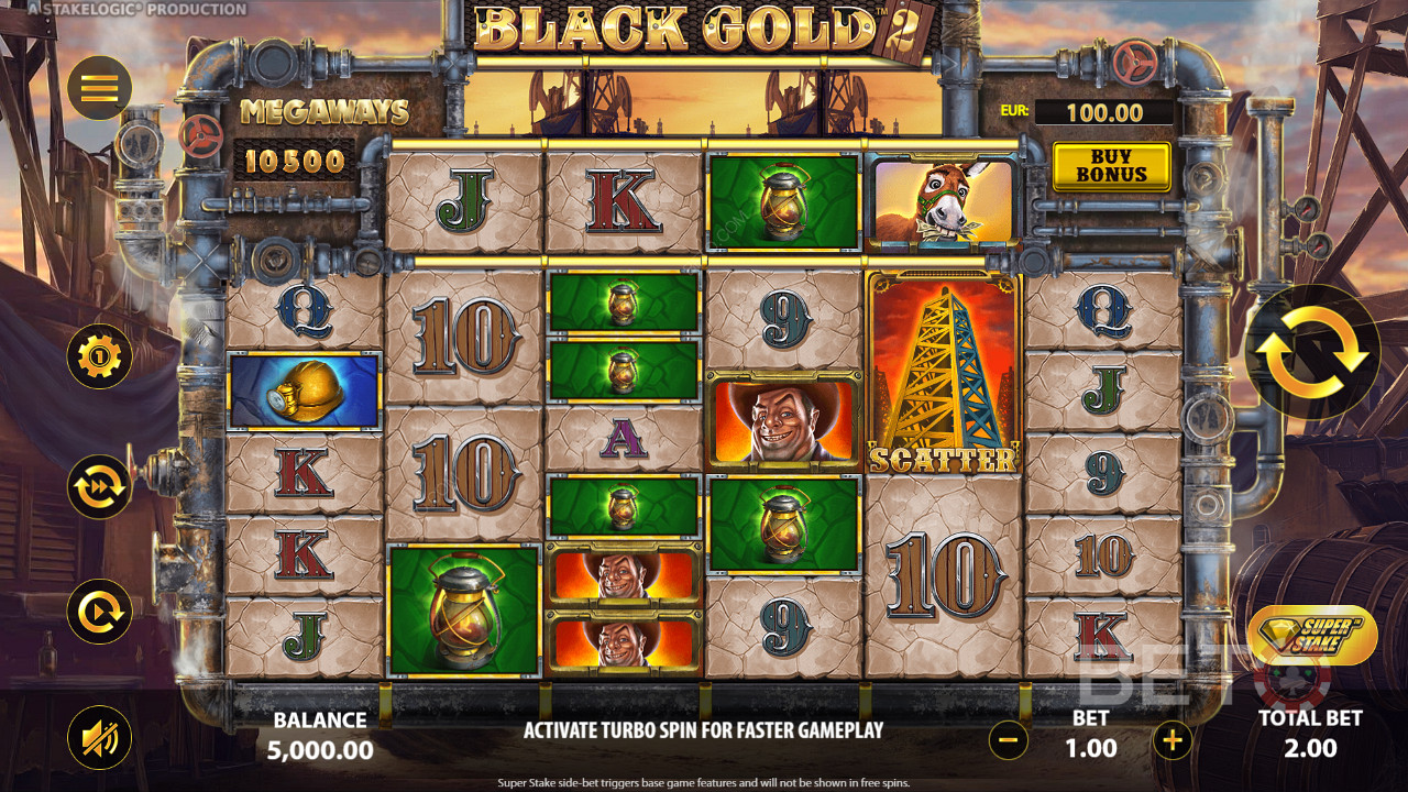 Land 3 or more identical symbols to win at the Black Gold 2 Megaways online slot