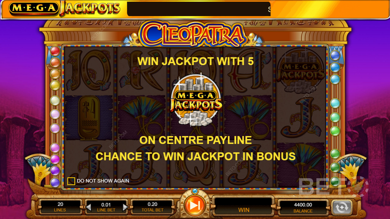 Look for free spins by landing 5 MegaJackpots on the middle payline