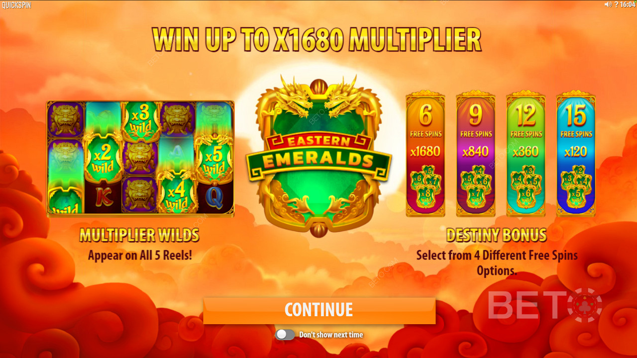 Nauti Multiplier Wilds -pelistä ja erityyppisistä ilmaiskierroksista Eastern Emeralds -kolikkopelissä.
