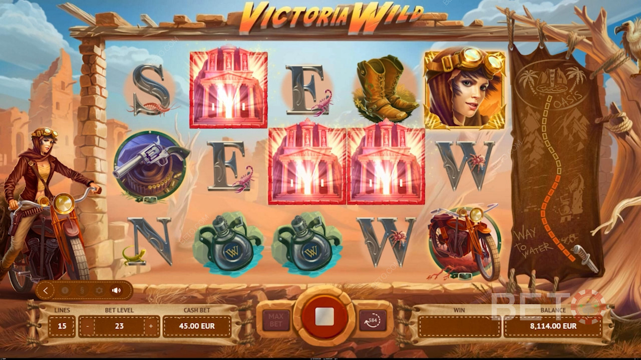 Land 3 or more Temple Scatters to trigger free spins in Victoria Wild online slot