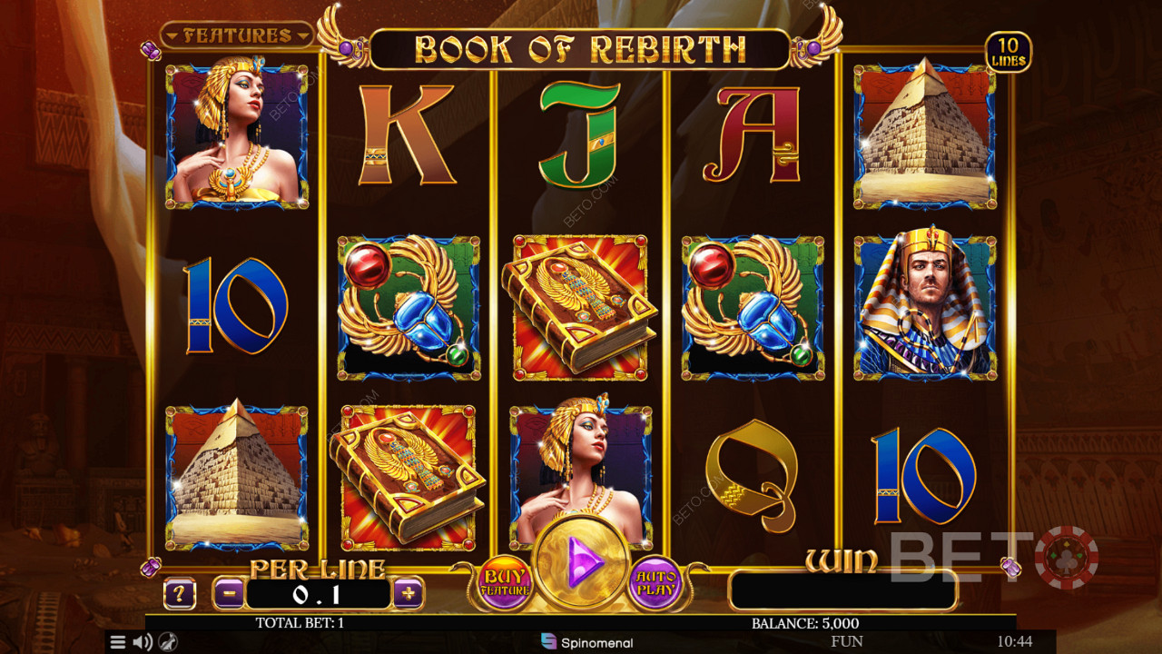 Enjoy features like expanding symbols and free spins in Book of Rebirth slot by Spinomenal