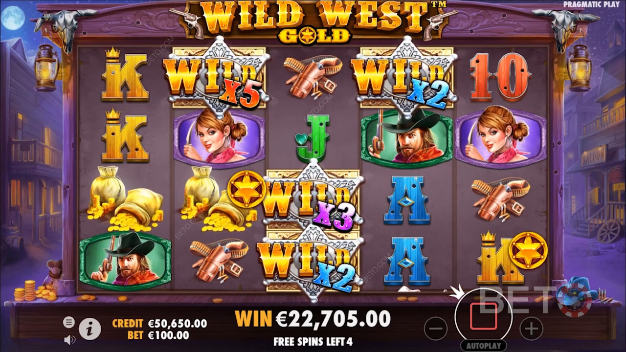 Wild Symbols in Wild West Gold slot come with Multipliers