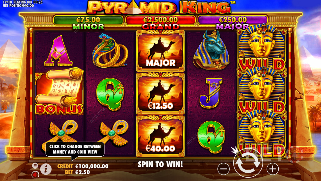 Bask in the glory of Egyptian Pharaohs and win cash prizes in the Pyramid King slot