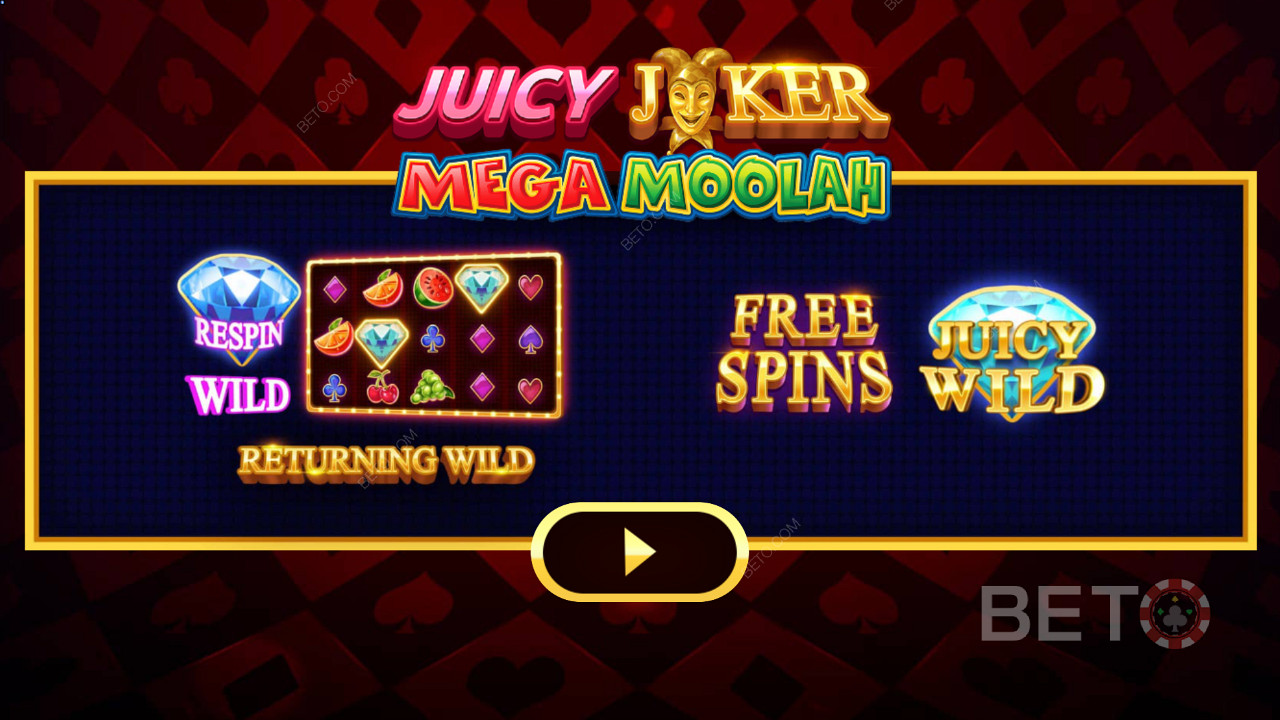 Juicy Joker Mega Moolahのイントロ画面で、各種ブースターを説明。