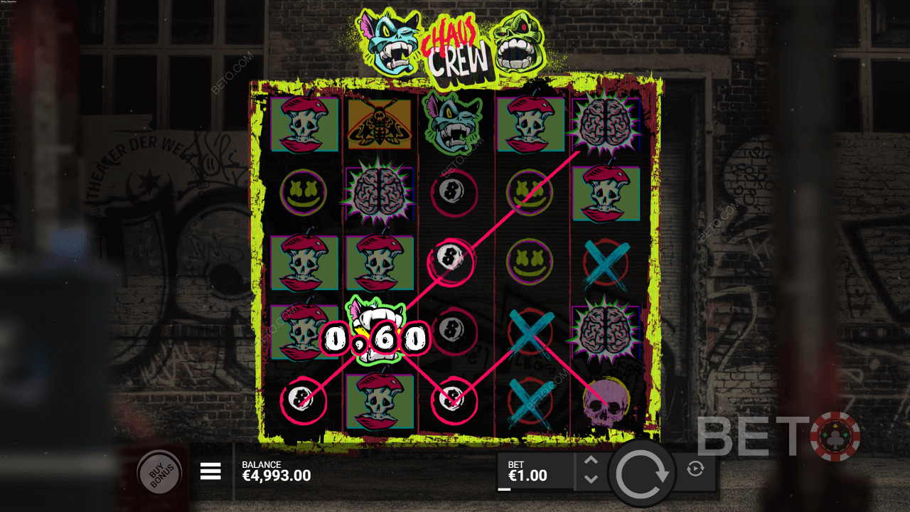 Land anywhere between 3-5 identical symbols to win at the Chaos Crew slot
