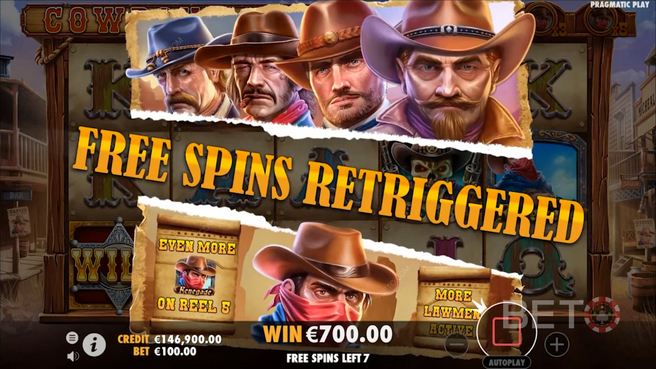 Play amongst the wild cowboys and win cash prizes in the Cowboys Gold slot