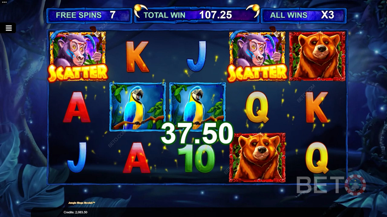 All wins are tripled during the Free Spins in the Jungle Mega Moolah video game