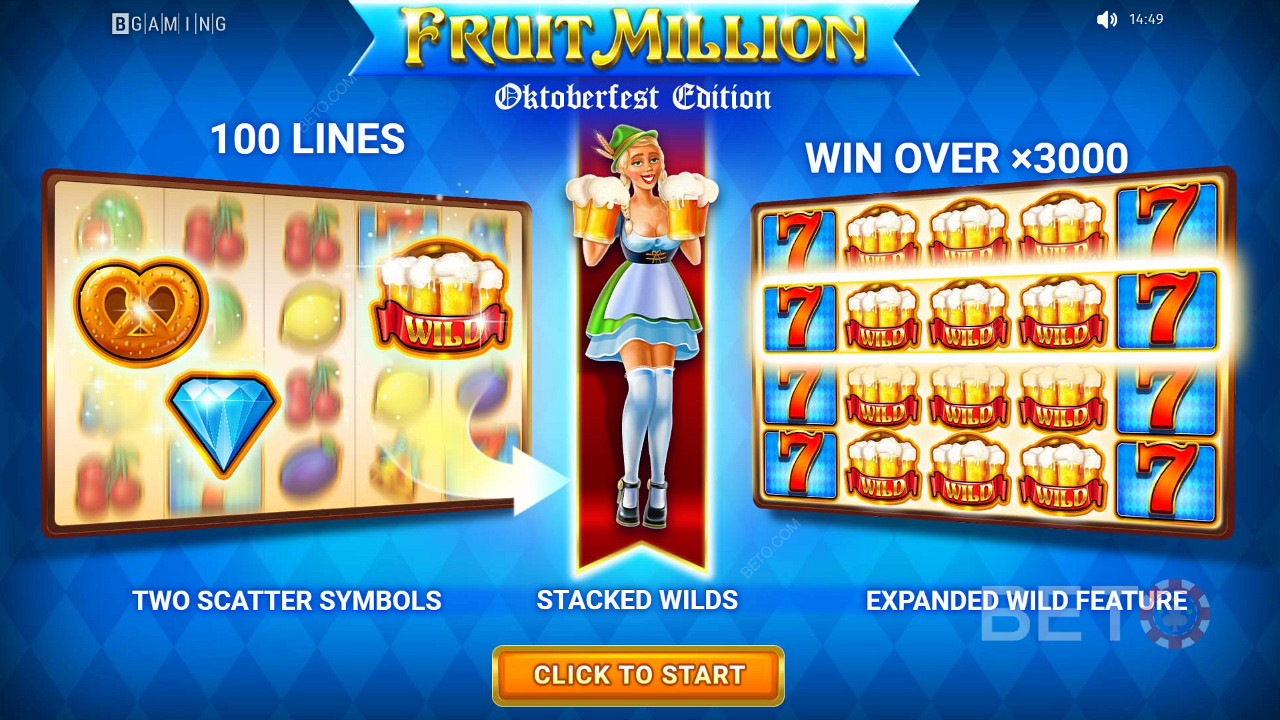 Play over a 100 line slot and win up to 3000x your stake in Fruit Million