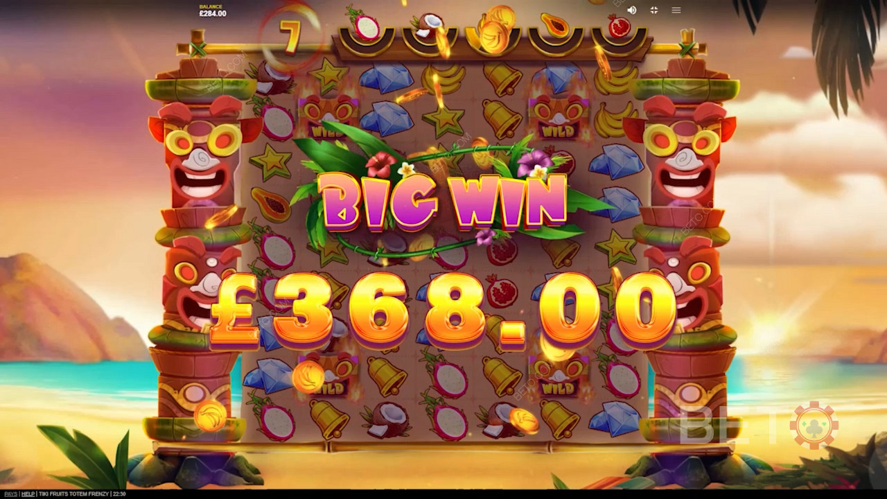 Enjoy huge wins through the sticky Tiki Mask symbols in Tiki Fruits Totem Frenzy slot