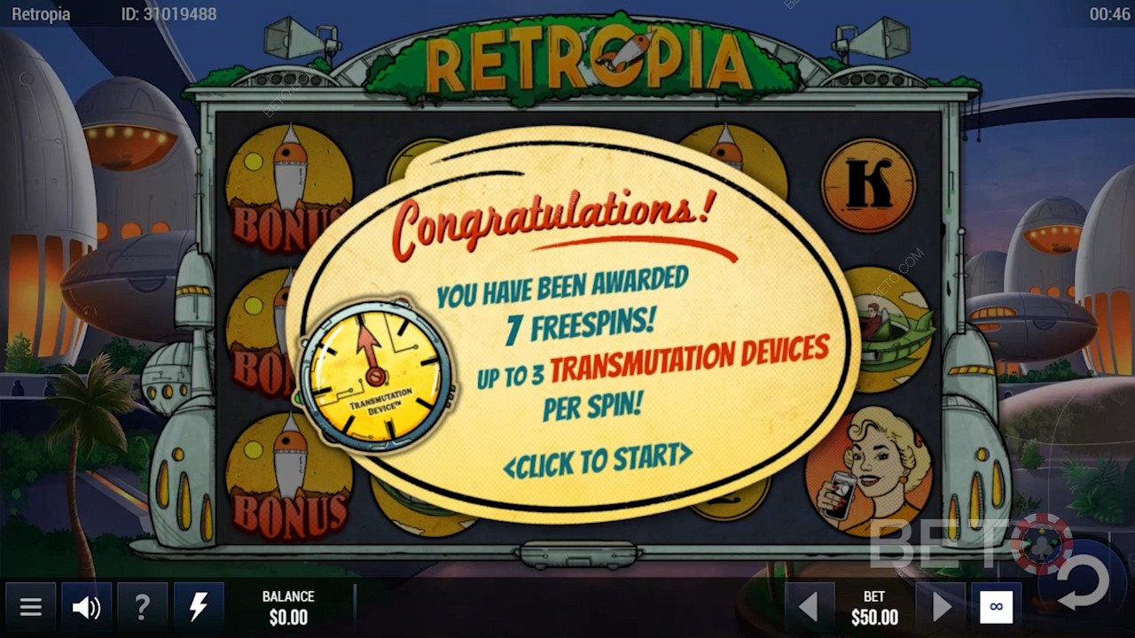 Land 5 Scatters and get 7 free spins in Retropia slot