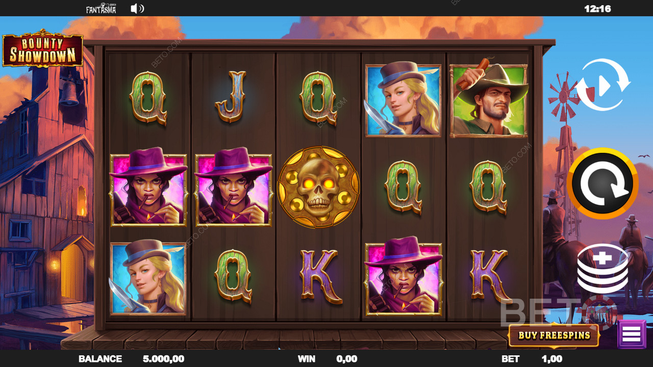 Play Bounty Showdown and experience cowboy themed symbols