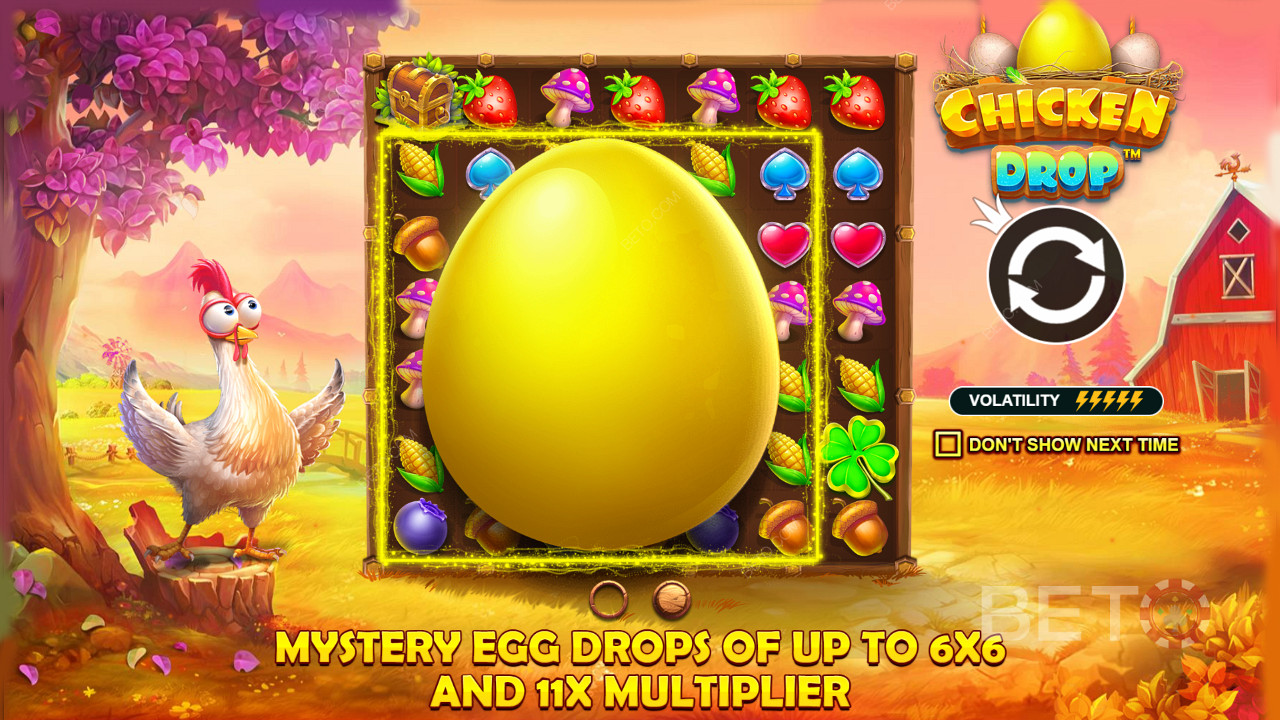 Enjoy egg drops with Multipliers and bigger sizes in Chicken Drop online slot