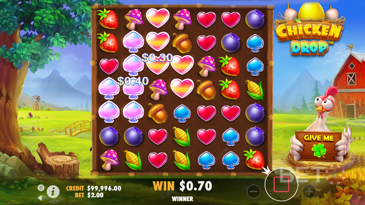 Land symbols in clusters and get wins in Chicken Drop online slot