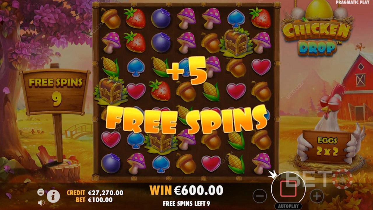 Enjoy 5 extra Free Spins in Chicken Drop slot by landing 4 or more bonus symbols