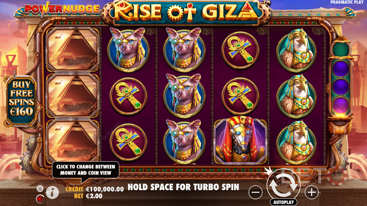 Pay 80x of your bet and buy Free Spins in Rise of Giza PowerNudge slot machine
