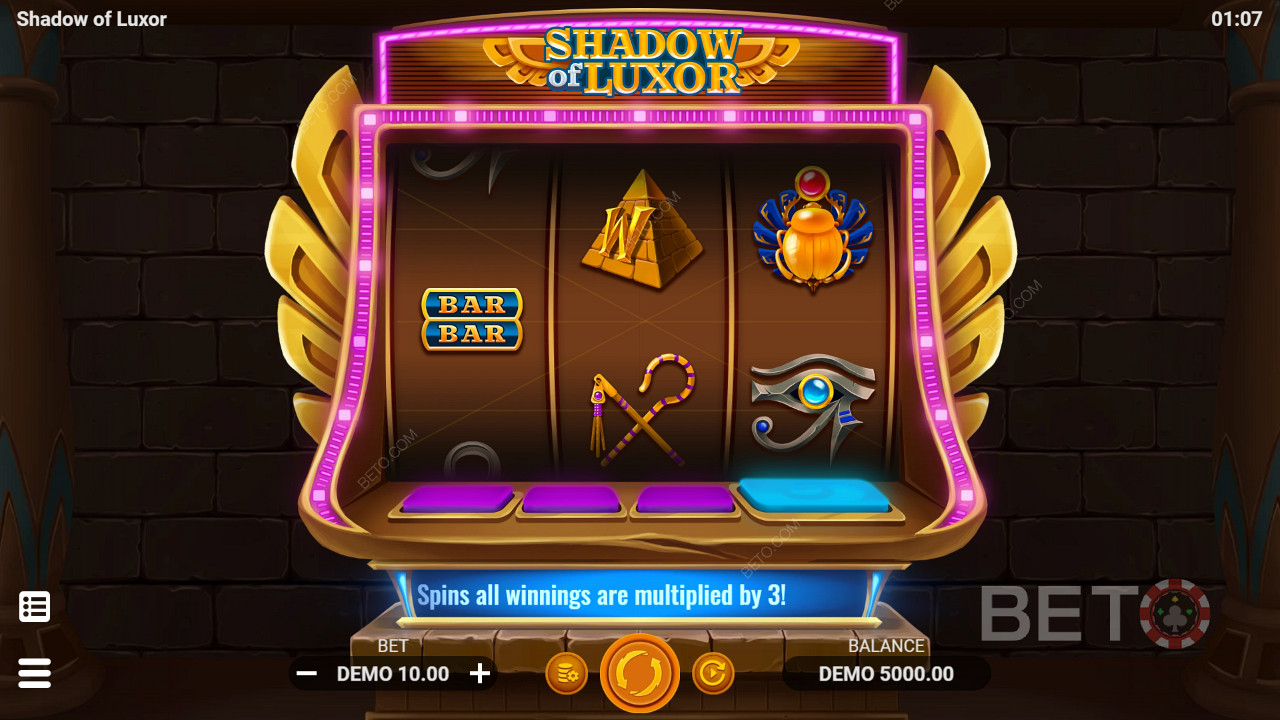 Three reels slot machine with both classic and themed symbols in Shadow of Luxor
