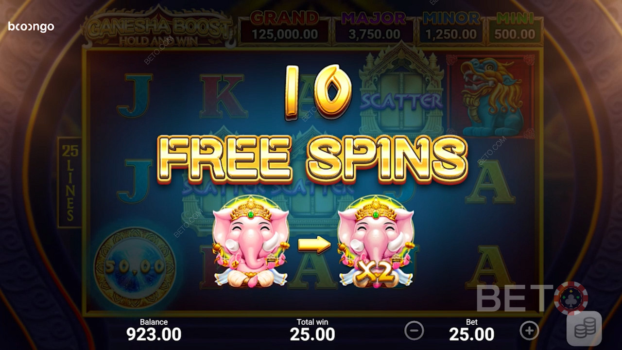 Land 3 Scatters and trigger 10 free spins in Ganesha Boost Hold and Win slot