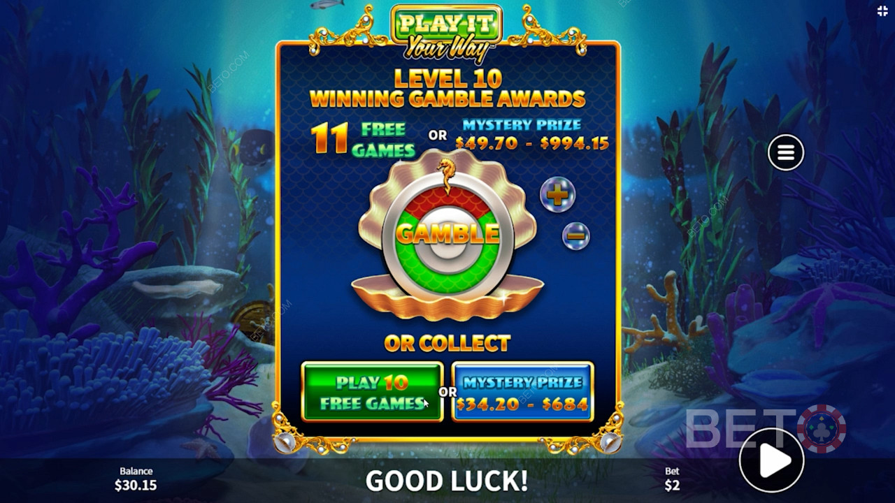 Choose from Free Spins, Mystery Prize, or Gamble Feature