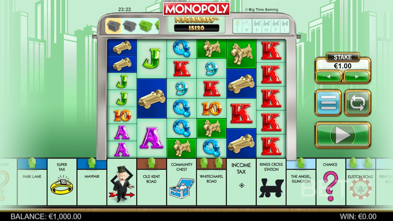 Megaways gaming grid in Monopoly Megaways